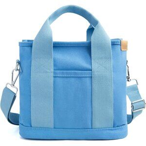 Women's Light Blue Canvas Tote Bag With Multi Pockets Shoulder Bags With Zipper